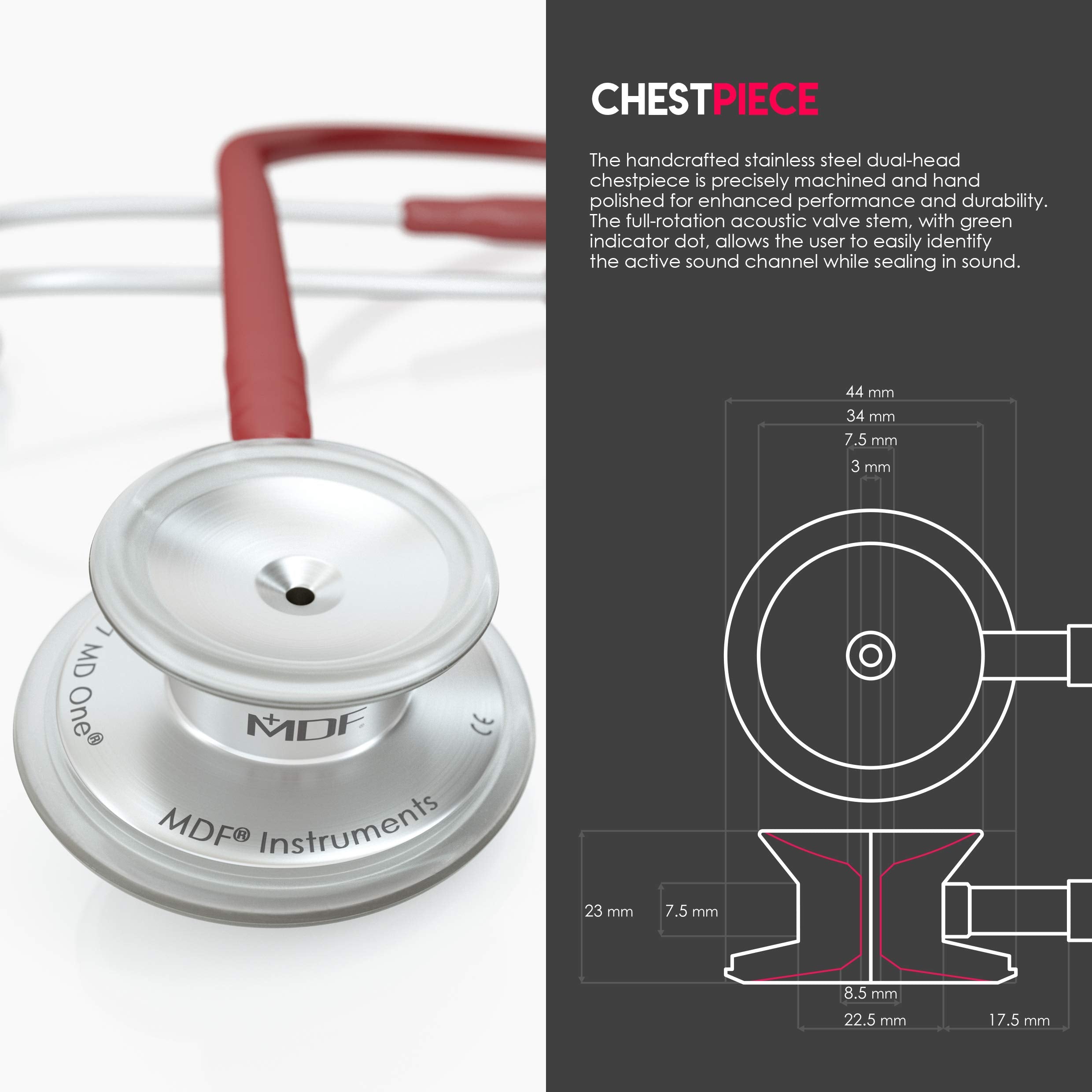 MDF Instruments chestpiece close-up highlighting stainless-steel construction for clear sound transmission