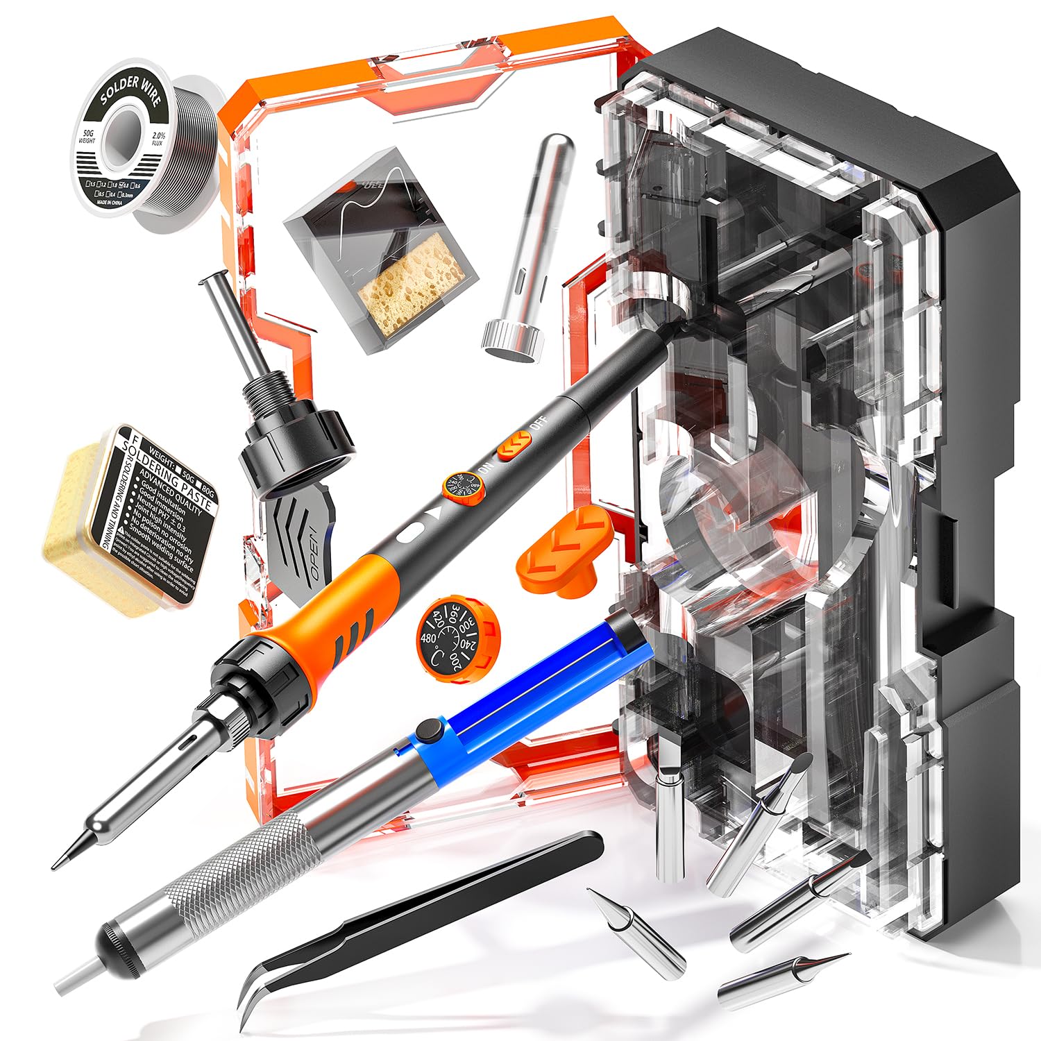 MEAKEST soldering iron next to a hand for scale emphasizing ergonomic grip and compact portability