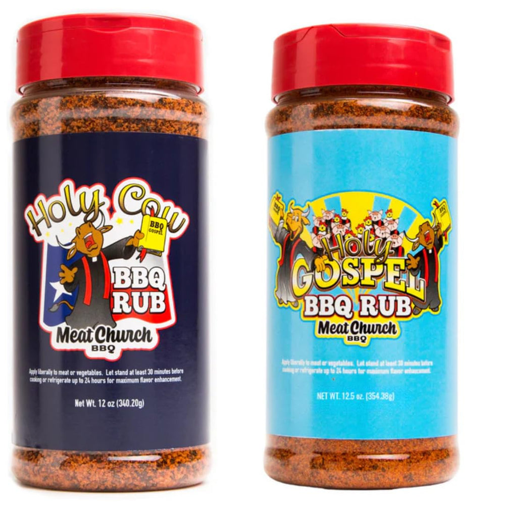 Meat Church front packaging showing both rub bottles and clear flavor labels