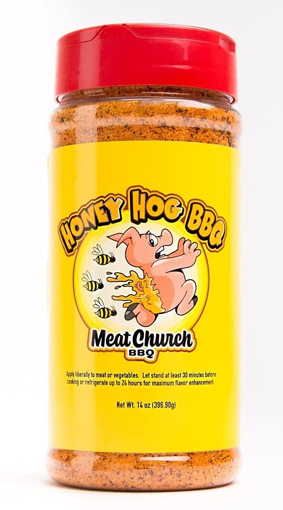 Meat Church Honey Hog seasoning on grilled ribs close-up, enhances caramelized crust