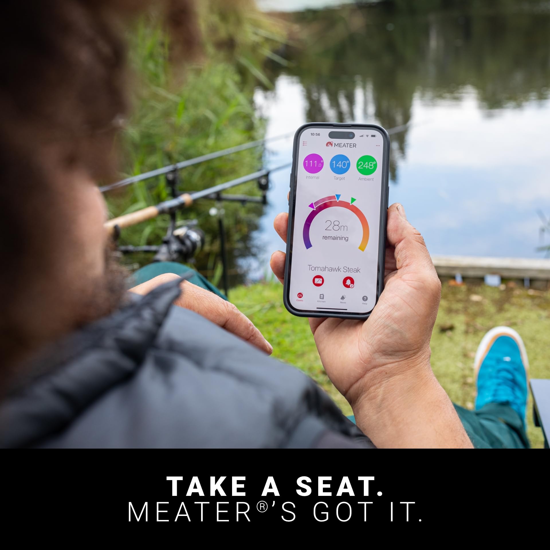 Smartphone running MEATER app guided cook screen showing estimated finish times benefit