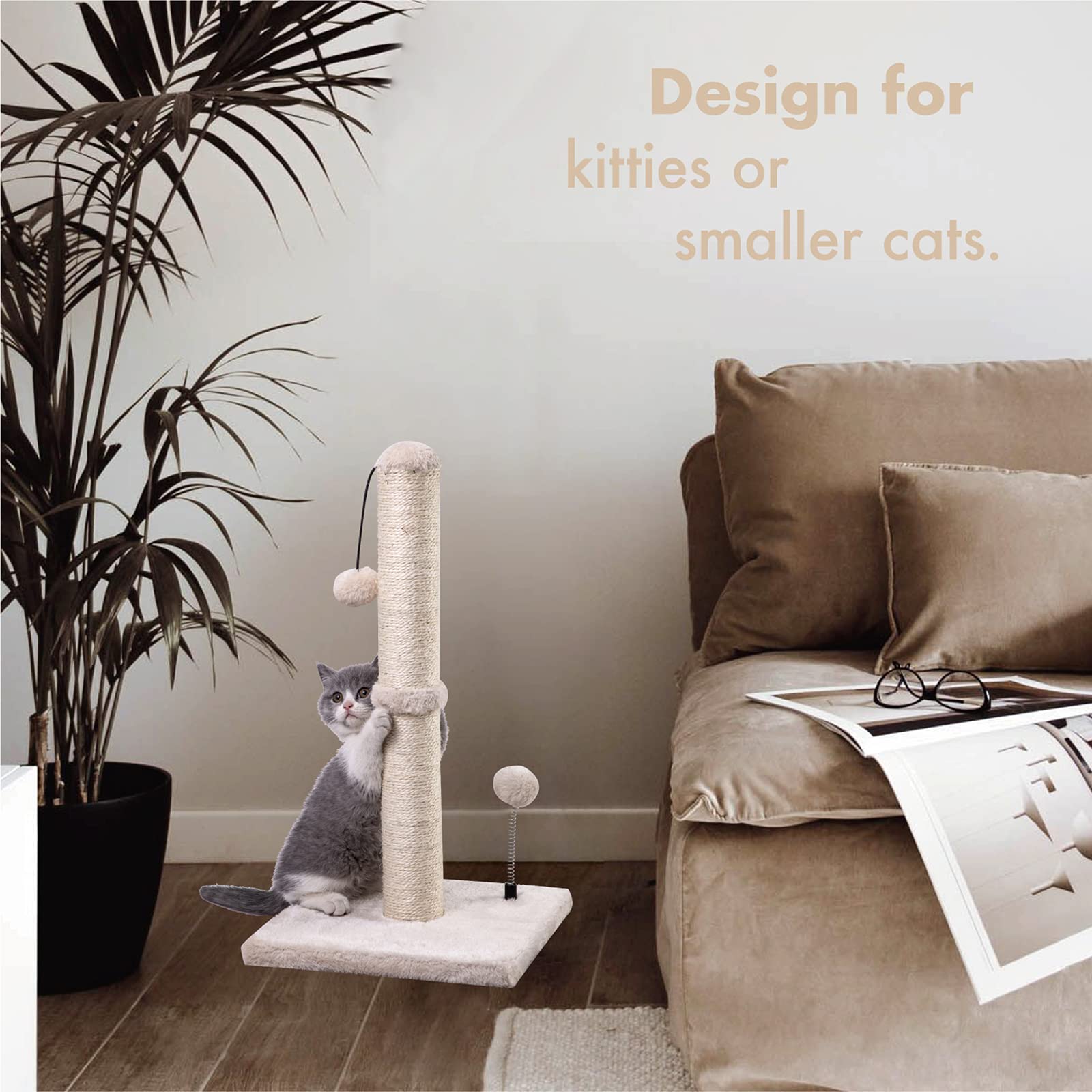 MECOOL scratching post next to a book to show 22-inch scale and space-saving fit