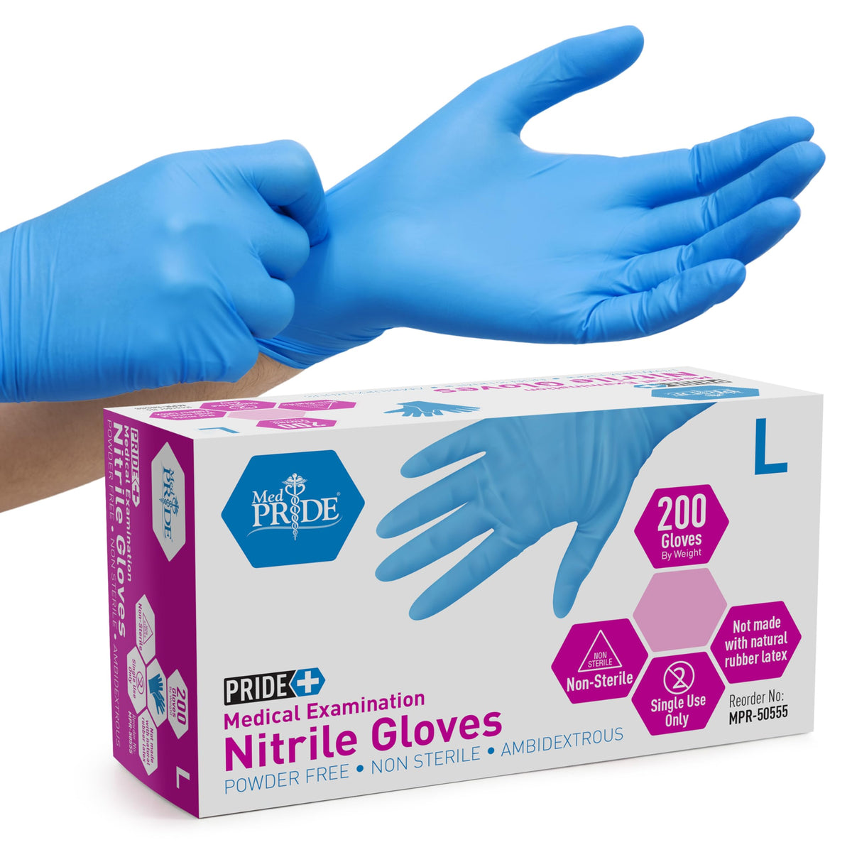 MED PRIDE front packaging showing large blue 200-count box and quick identification benefit