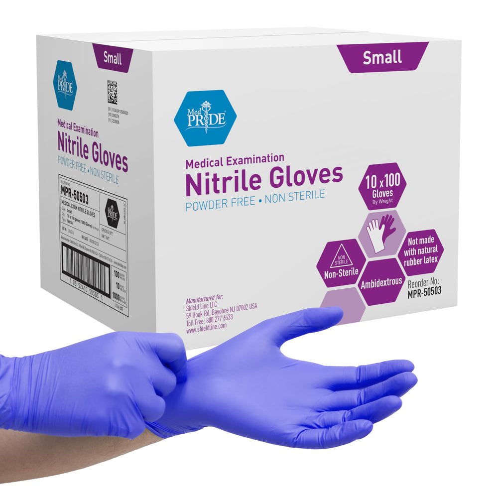 MED PRIDE front packaging showing iris blue gloves and pack benefit