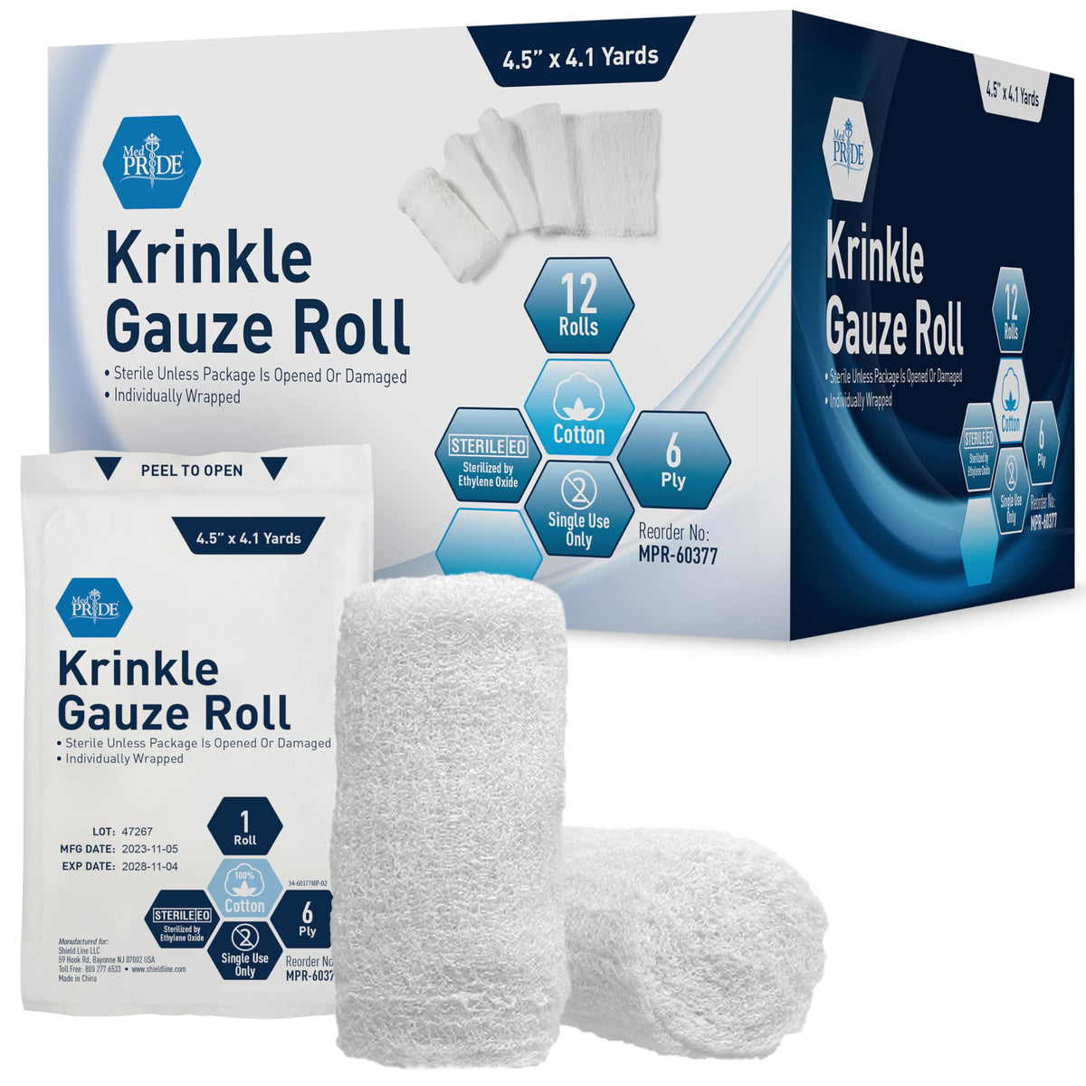 MED PRIDE front packaging showing 12-pack sterile krinkle gauze rolls and hospital-grade labeling