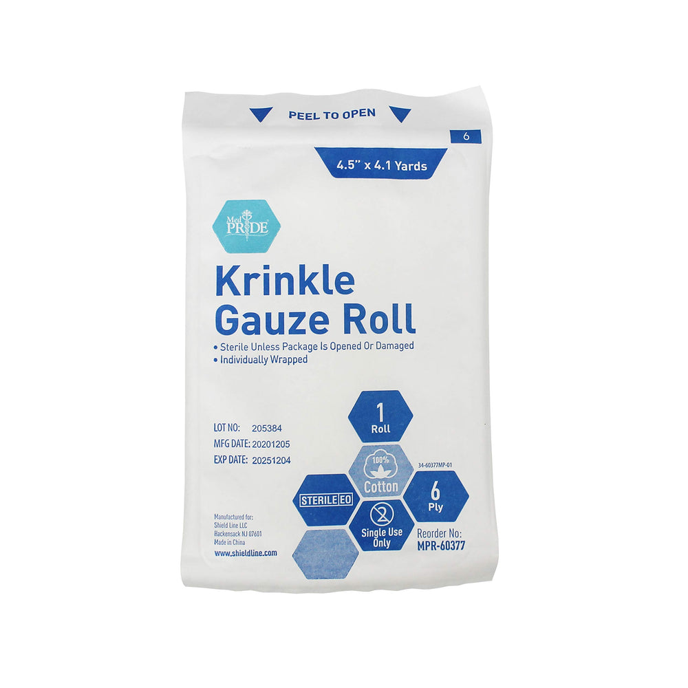 MED PRIDE gauze roll next to ruler showing 4.5 inch width and 4.1 yard length for scale