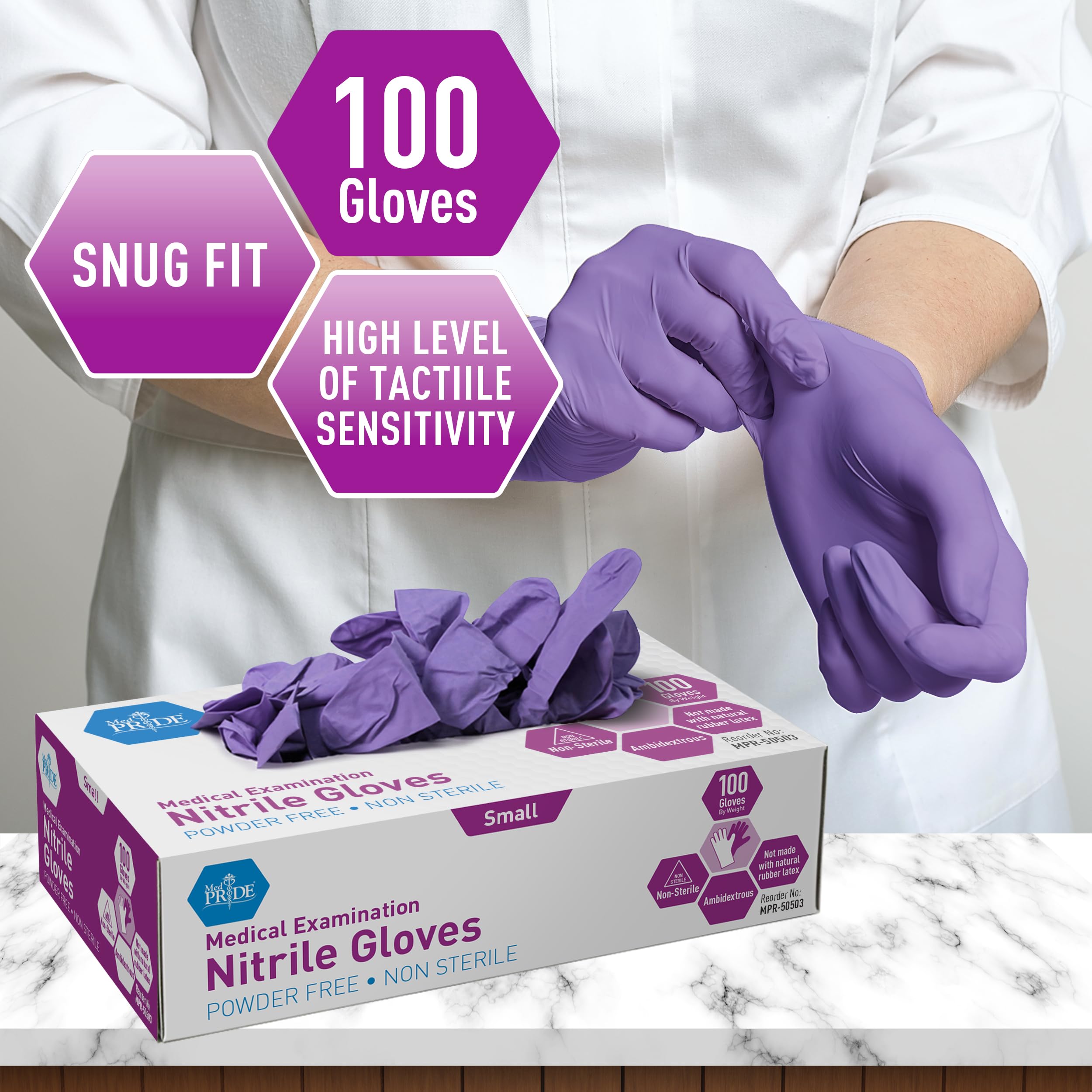 MED PRIDE label and specs close-up clarifying size and material benefits