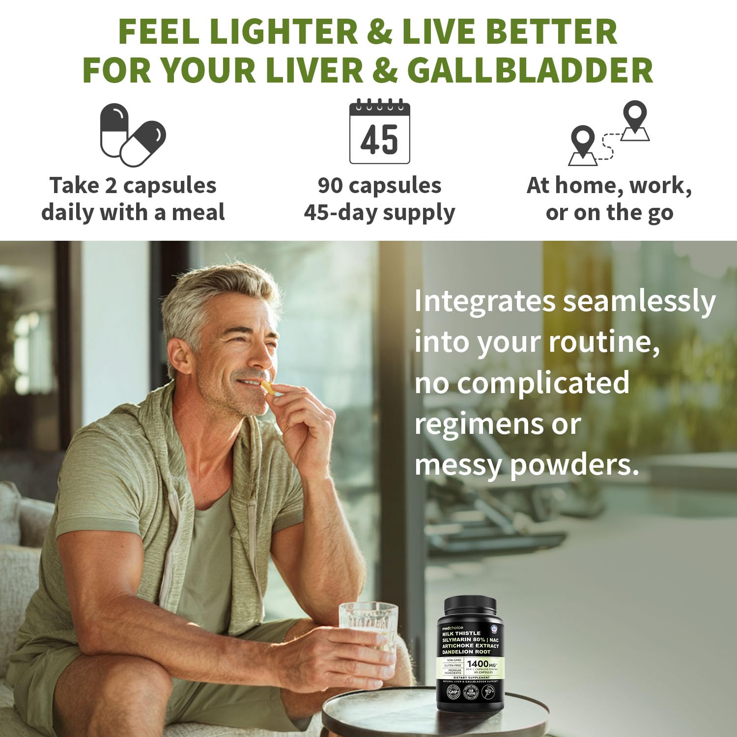 MEDCHOICE bottle next to a coin to show capsule bottle size and travel friendliness