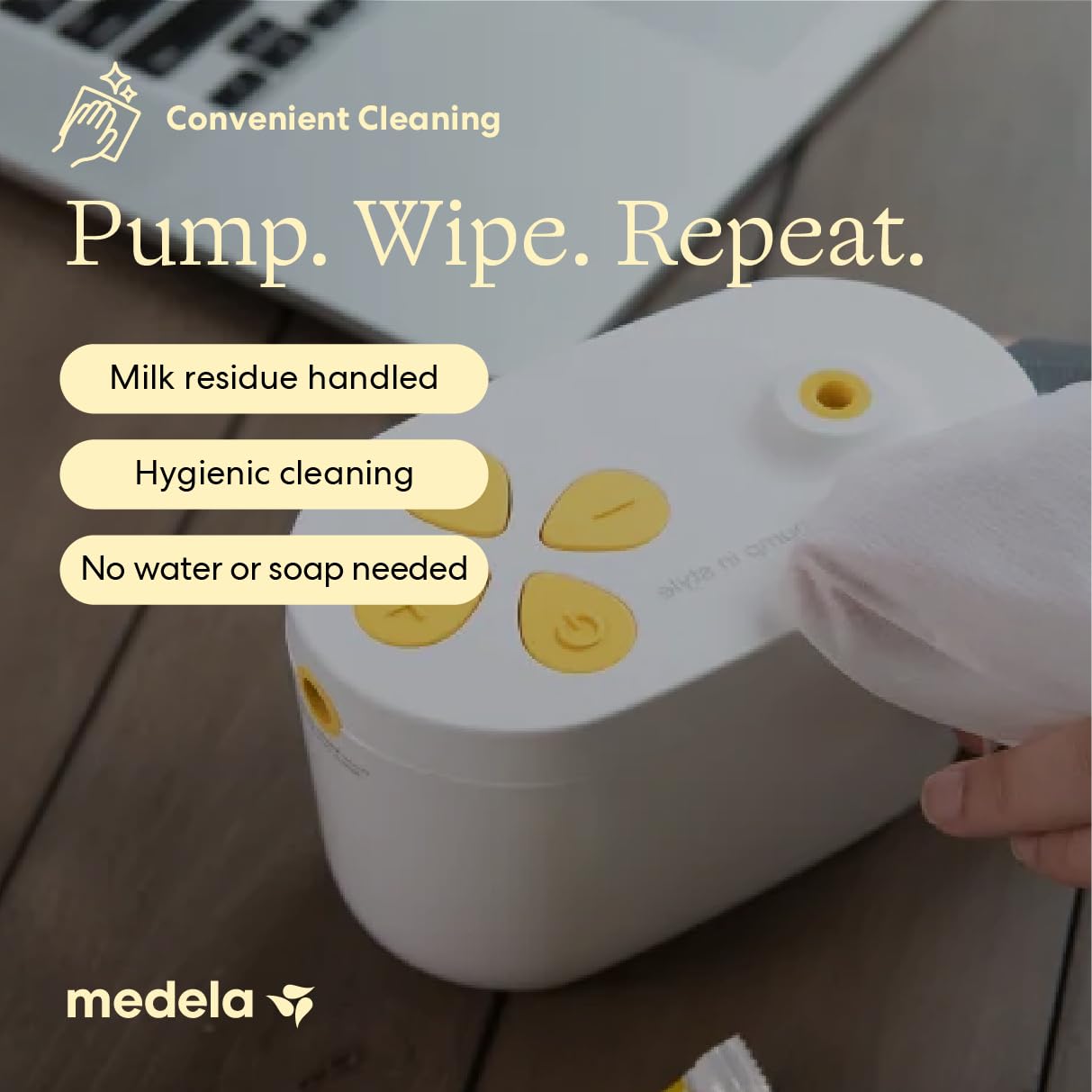 Medela cleaning a breast shield in hand showing fast, soap-free cleaning convenience