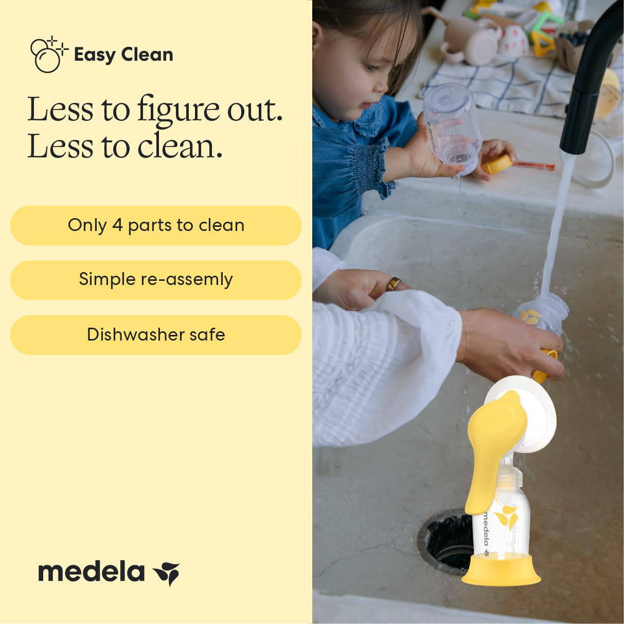 Medela Harmony parts laid out for cleaning, emphasizes easy dishwasher-safe care
