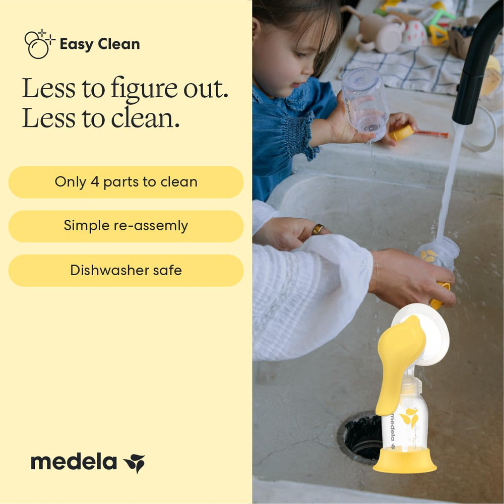 Medela Harmony parts laid out for cleaning, emphasizes easy dishwasher-safe care
