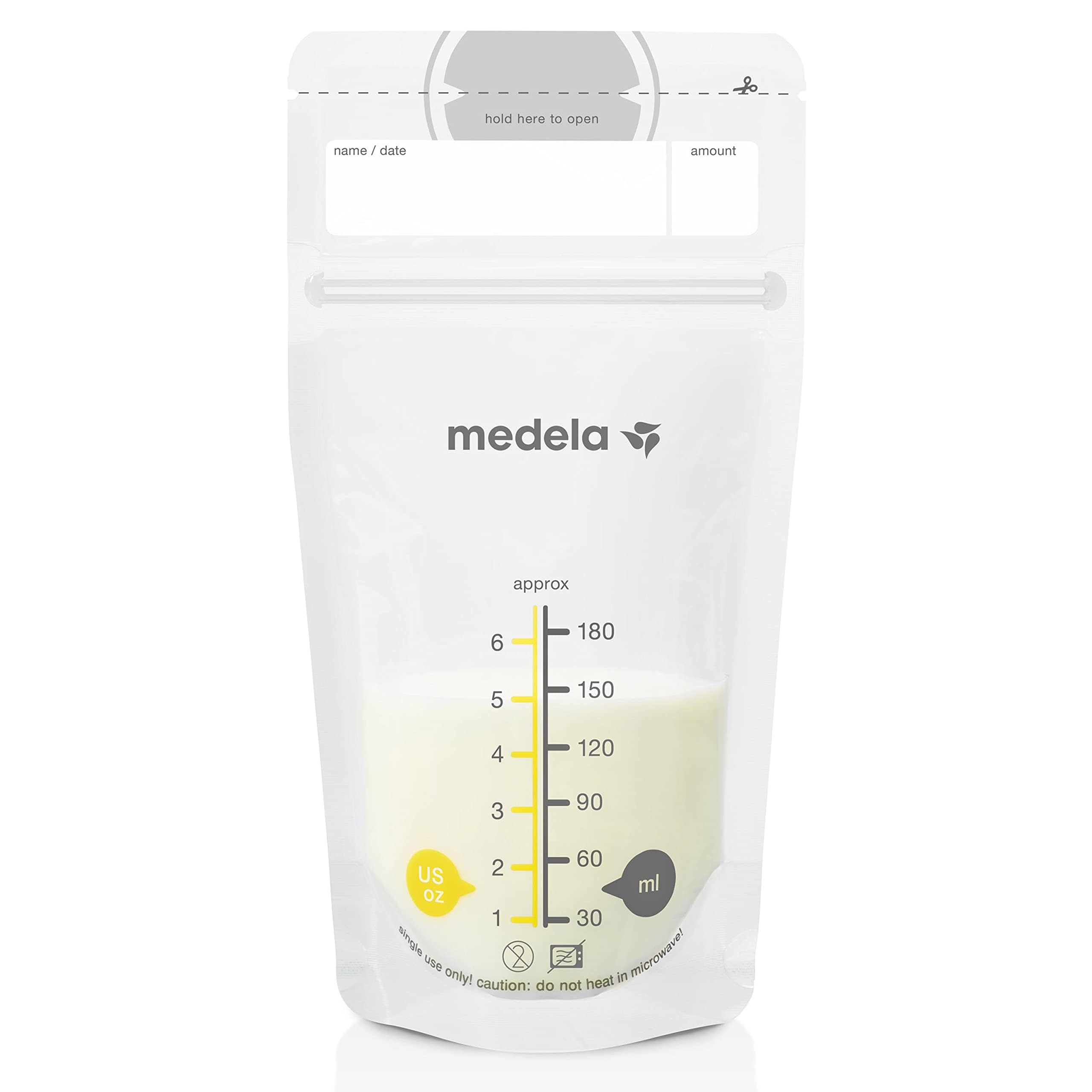 Medela front packaging showing 200-count and 6 oz capacity for convenient storage