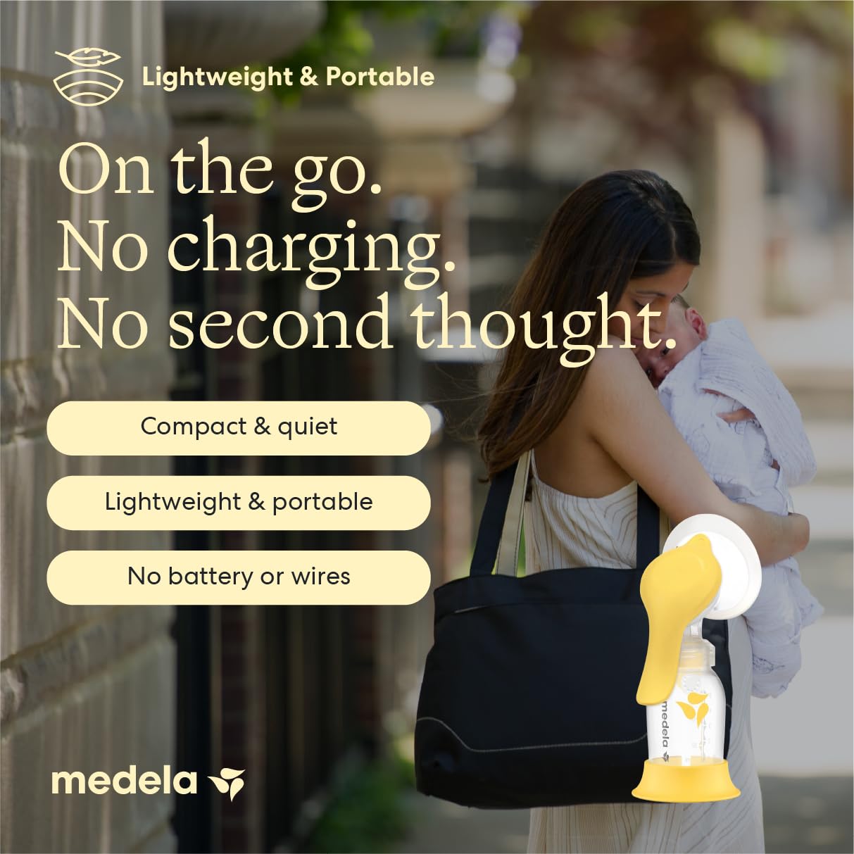Medela Harmony tucked inside a bag, conveys discreet on-the-go convenience