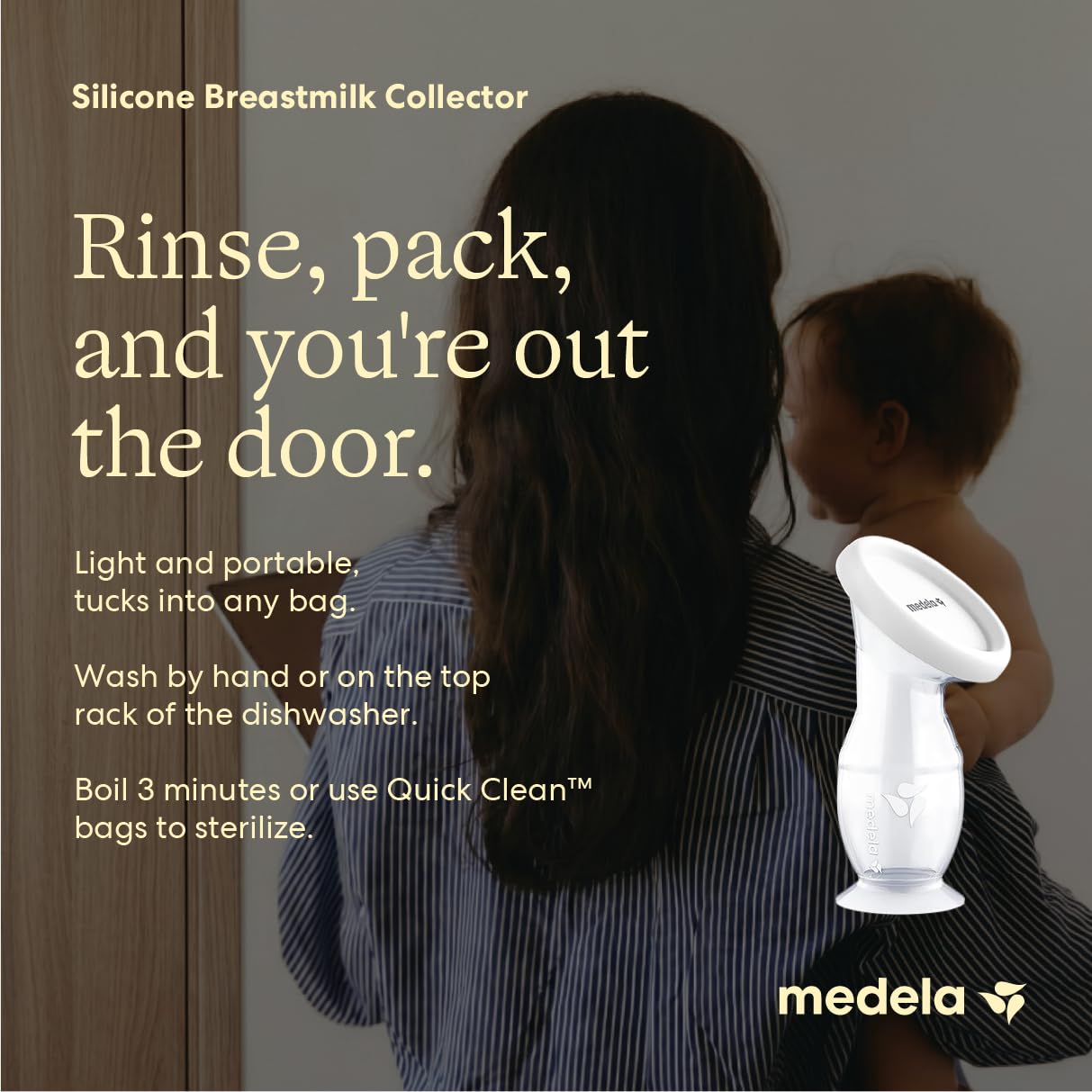 Medela pump and collector parts laid out to show quick cleaning simplicity