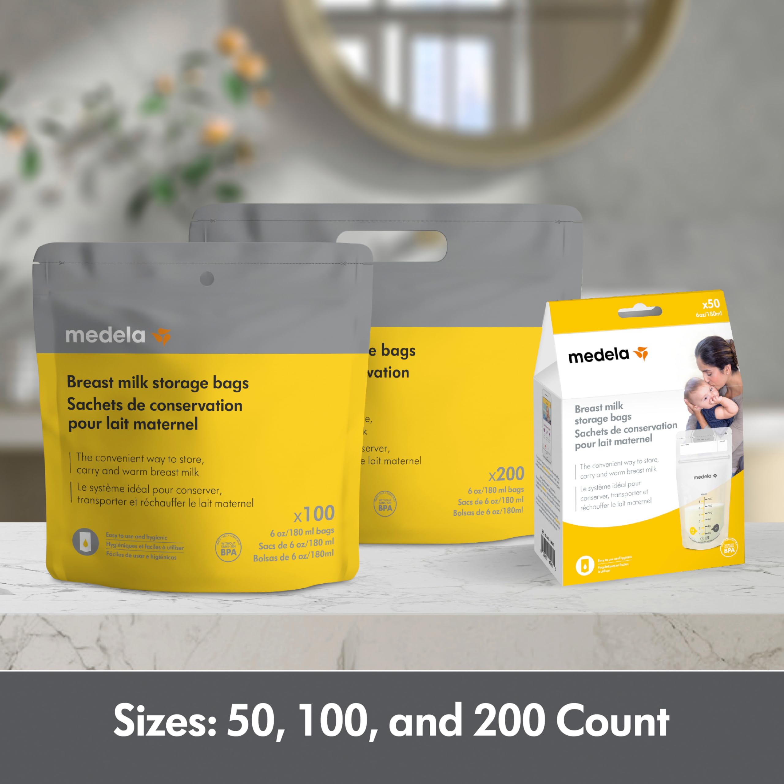 Medela bag next to measuring cup showing clear ounce markings for accuracy