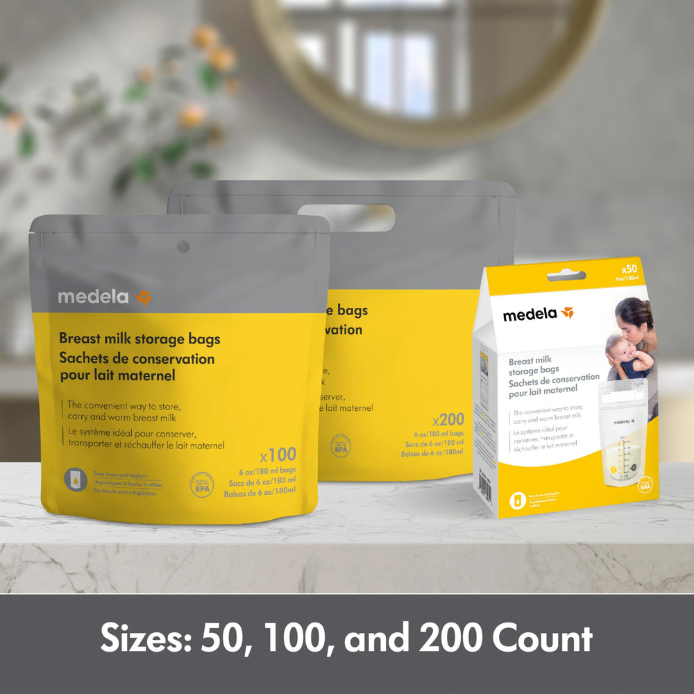 Medela bag next to measuring cup showing clear ounce markings for accuracy