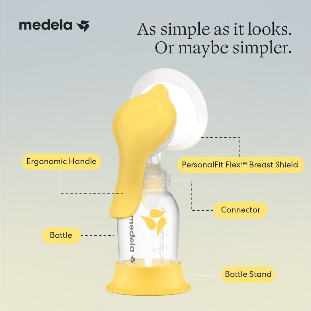 Medela Harmony next to a ruler for scale, shows small compact footprint