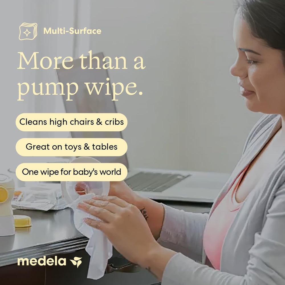Medela three packs arranged to show 90 wipes total for extended supply benefit