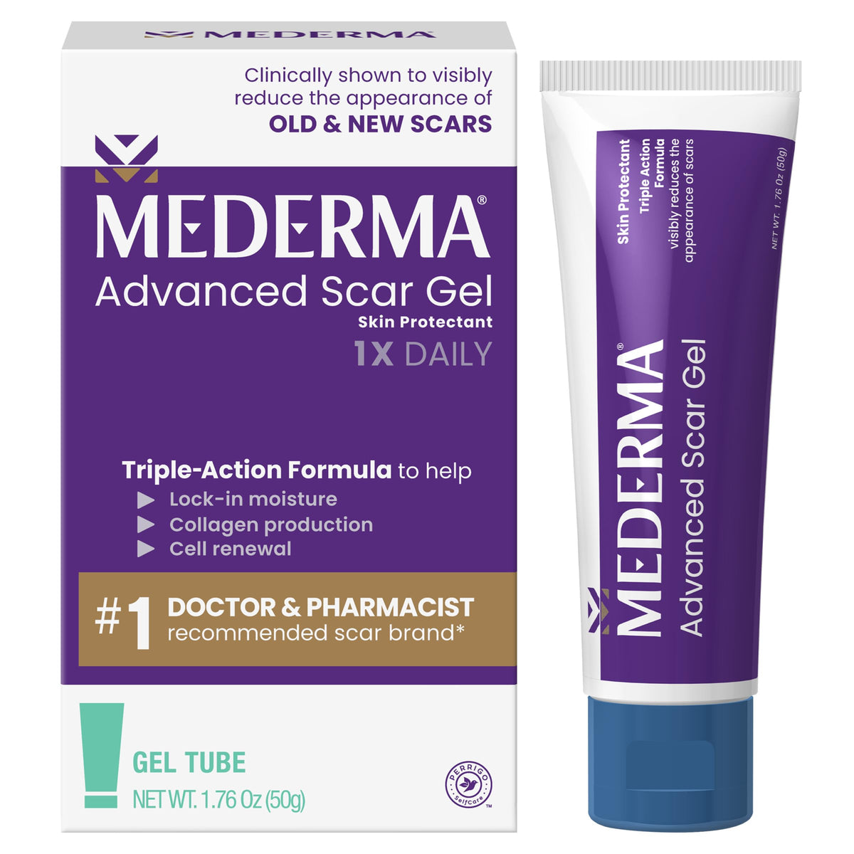 Mederma front packaging showing 50 g tube and benefits