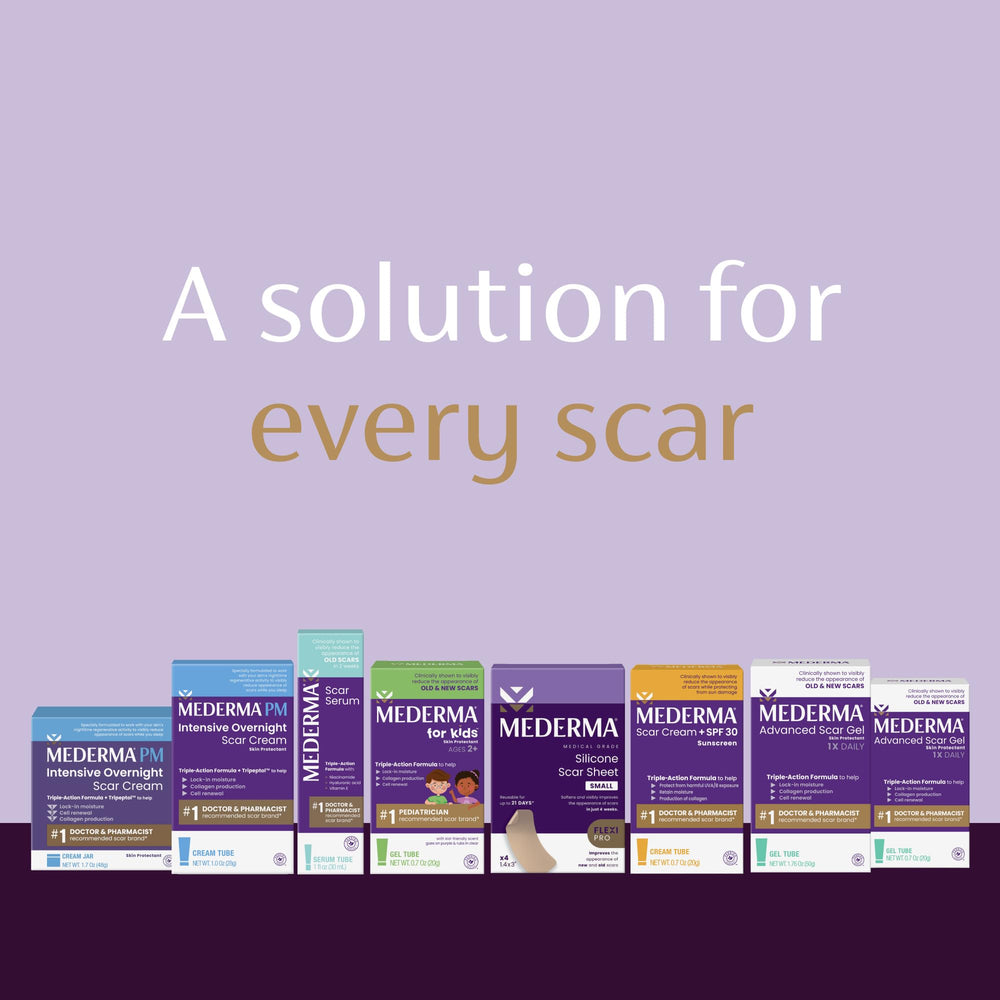 Mederma tube beside common items to show 50 g size convenience