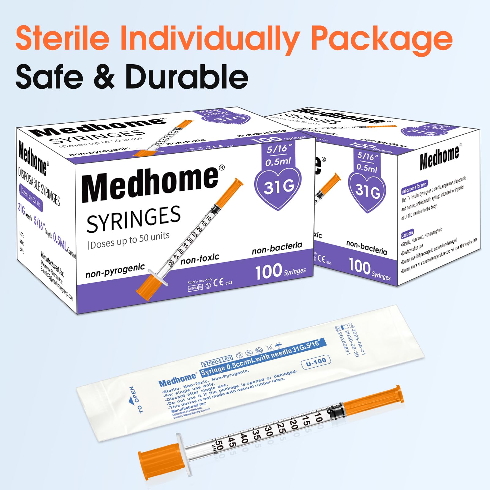 Medhome individually wrapped syringe packaging ensuring clean storage and single-use readiness