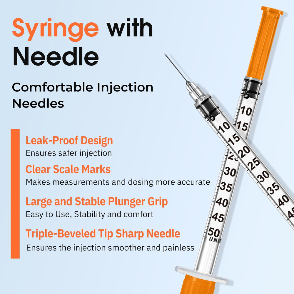 Medhome syringe next to ruler size comparison illustrating 5/16 inch needle length accuracy