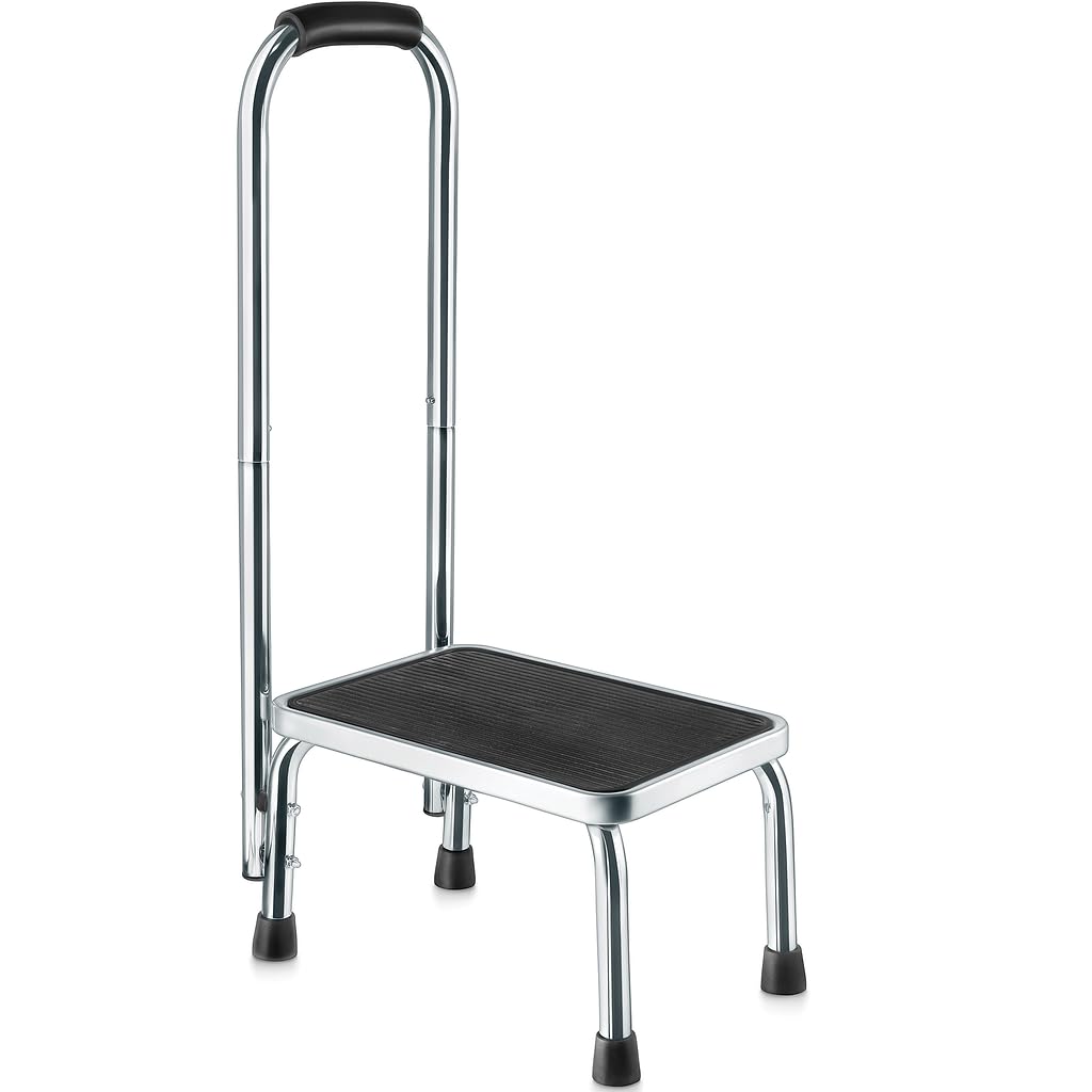 Medical king front view of step stool showing stable platform and chrome frame benefit safety