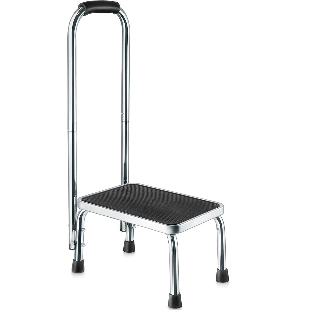 Medical king front view of step stool showing stable platform and chrome frame benefit safety