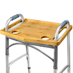 Medical king front view tray attached to walker showing stable surface benefit