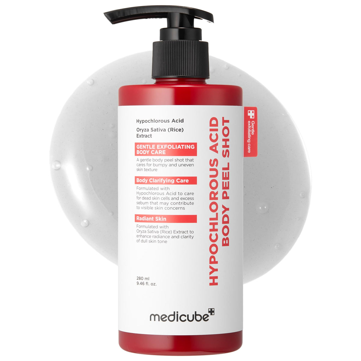 medicube front bottle showing Body Peel Shot visibly soothing skin