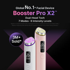 medicube Booster Pro X2 dual-head close-up highlighting dual electrodes for efficient treatment