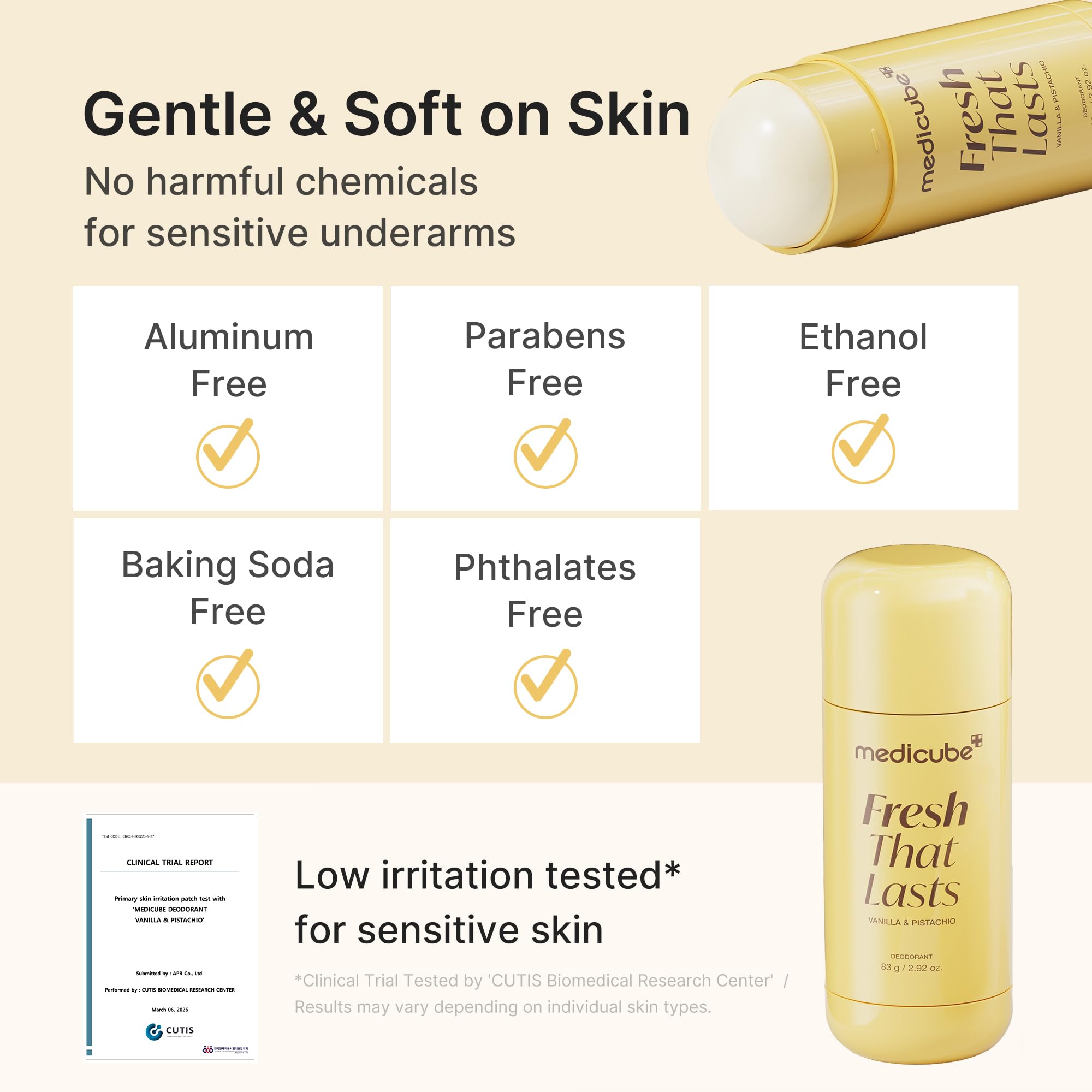 medicube product beside dark and light fabric proving no-stain wear
