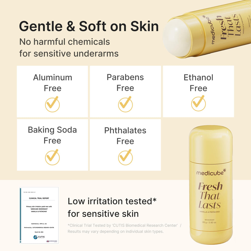 medicube product beside dark and light fabric proving no-stain wear