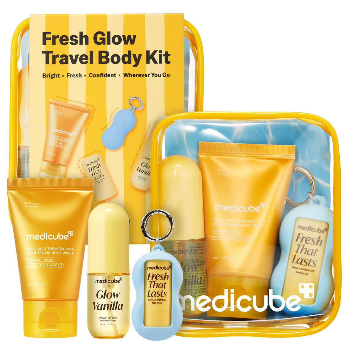 medicube front packaging showing full travel set and convenience
