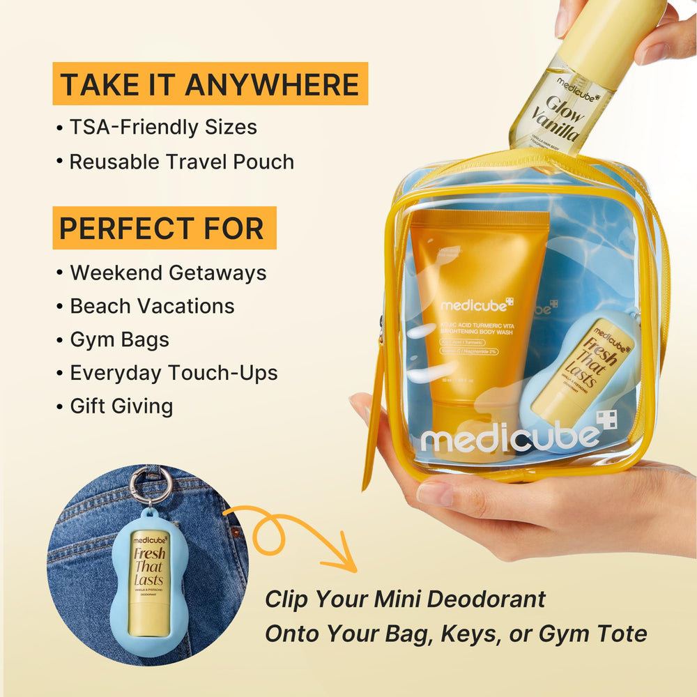 medicube size comparison next to toiletries to show carry-on fit
