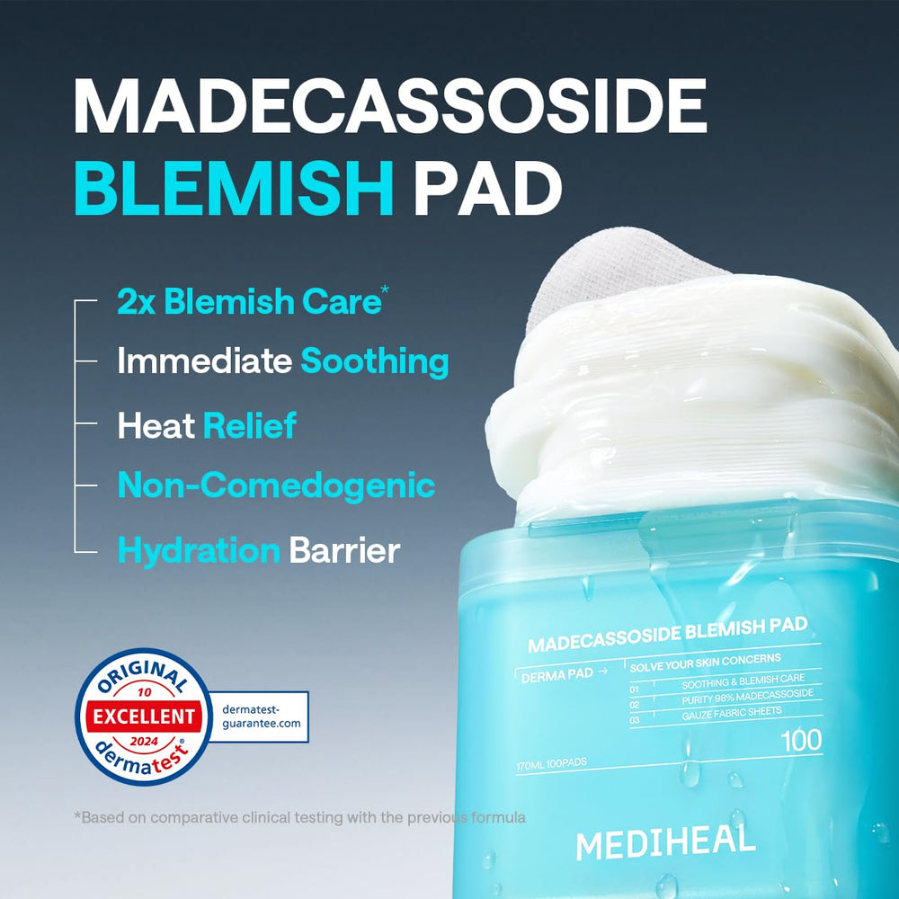 MEDIHEAL ingredient card displaying madecassoside and calming extracts for soothing benefit