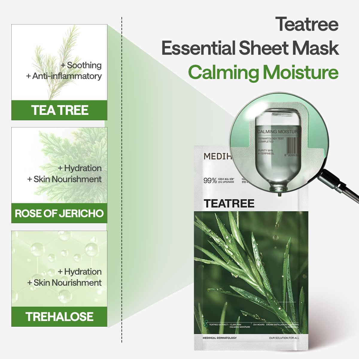 MEDIHEAL tea tree leaves ingredient close-up emphasizing natural soothing