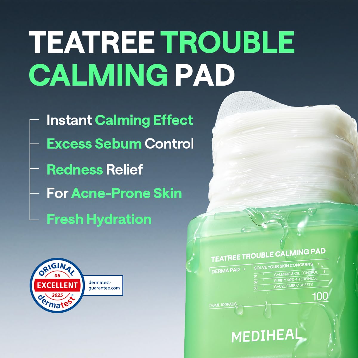 MEDIHEAL pad soaked with solution droplet, shows hydrating tea tree infusion benefit