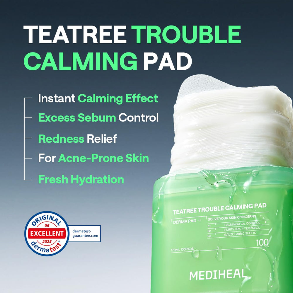 MEDIHEAL pad soaked with solution droplet, shows hydrating tea tree infusion benefit