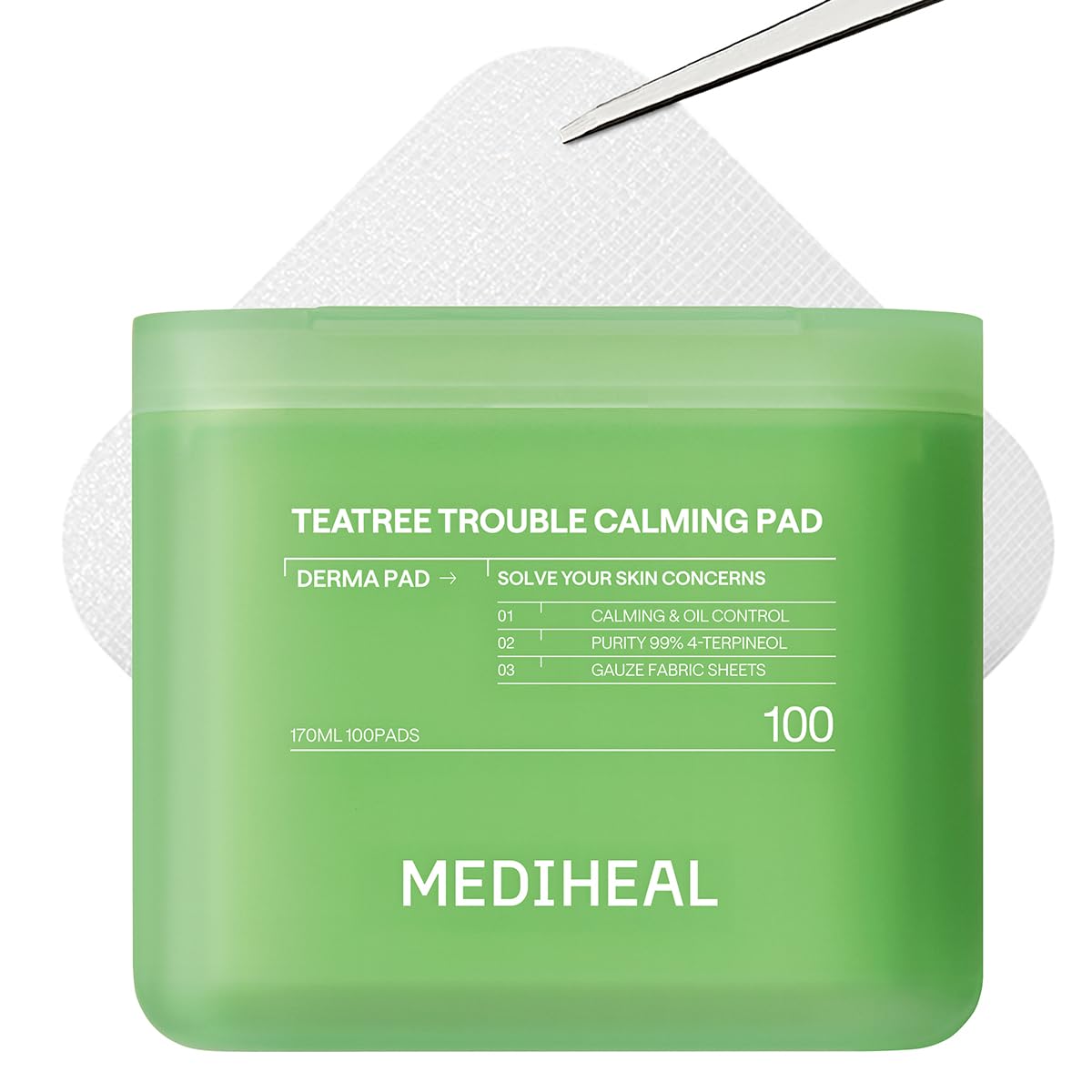 MEDIHEAL front packaging showing 100 calming toner pads, travel-ready convenience