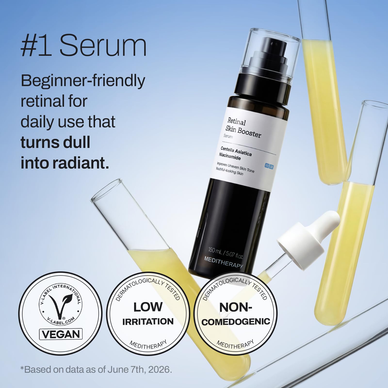 MEDITHERAPY serum drop on fingertip showing lightweight texture and fast absorption