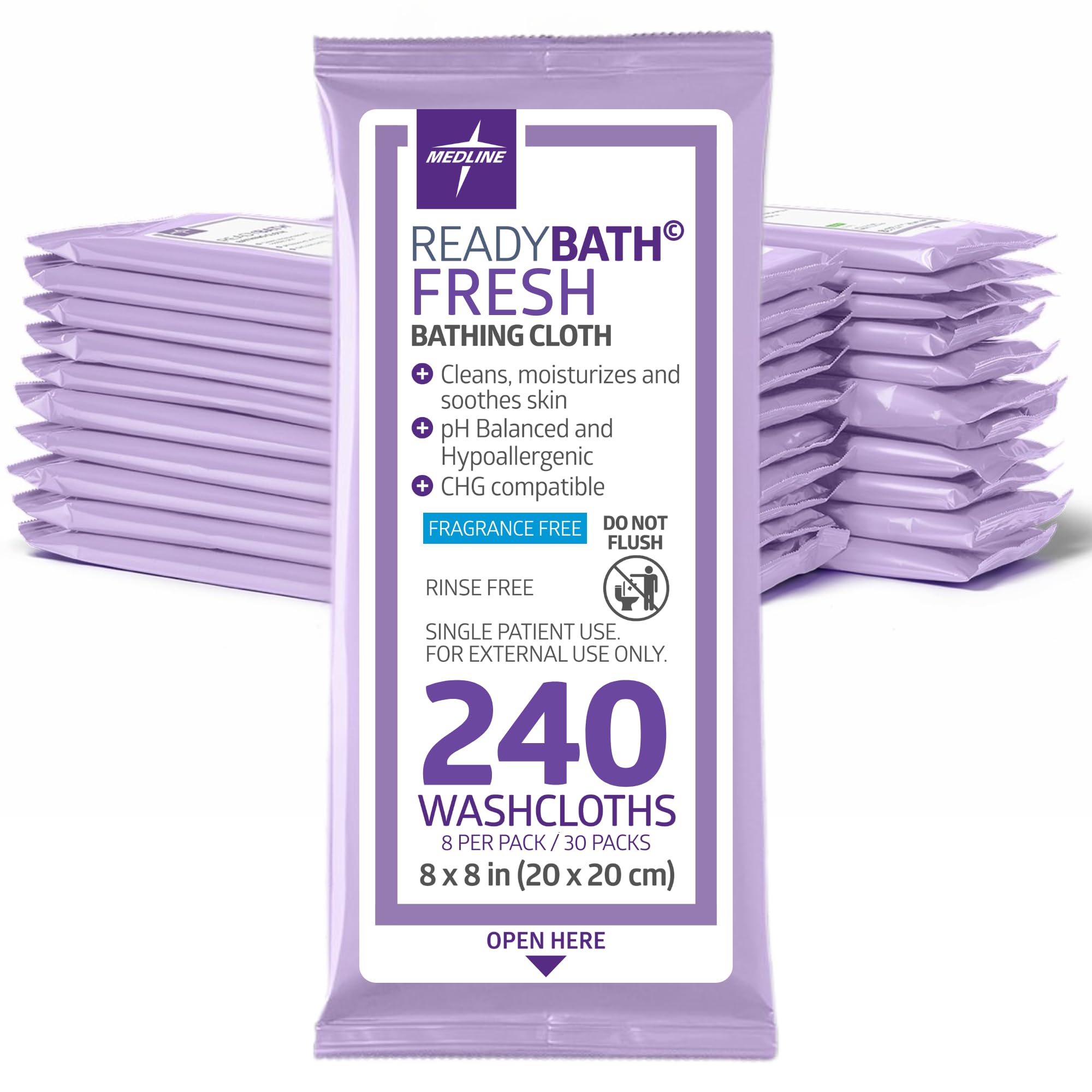 Medline ReadyBath front packaging showing sealed 8-pack packets and branding for easy storage and use