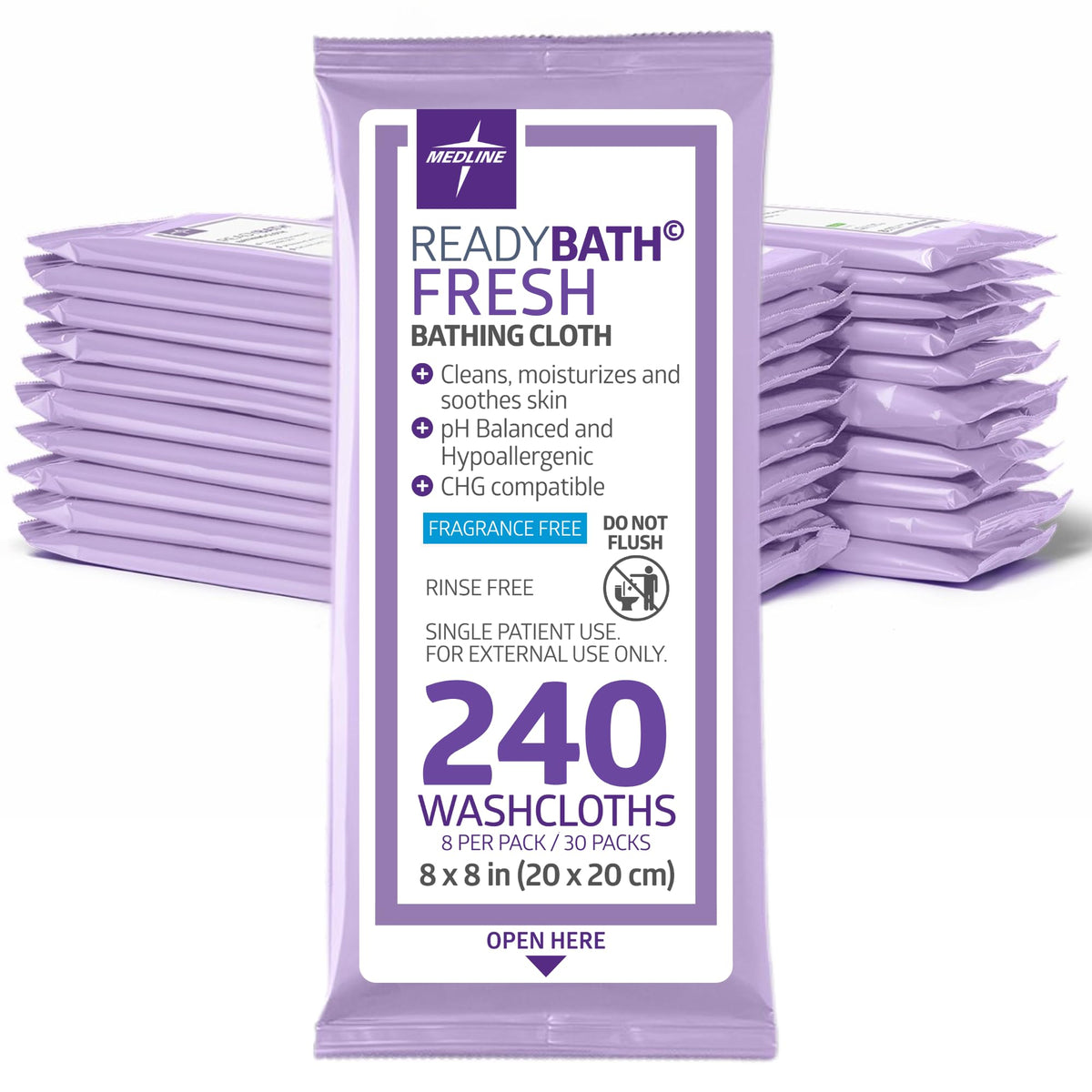 Medline ReadyBath front packaging showing sealed 8-pack packets and branding for easy storage and use