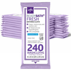 Medline ReadyBath front packaging showing sealed 8-pack packets and branding for easy storage and use