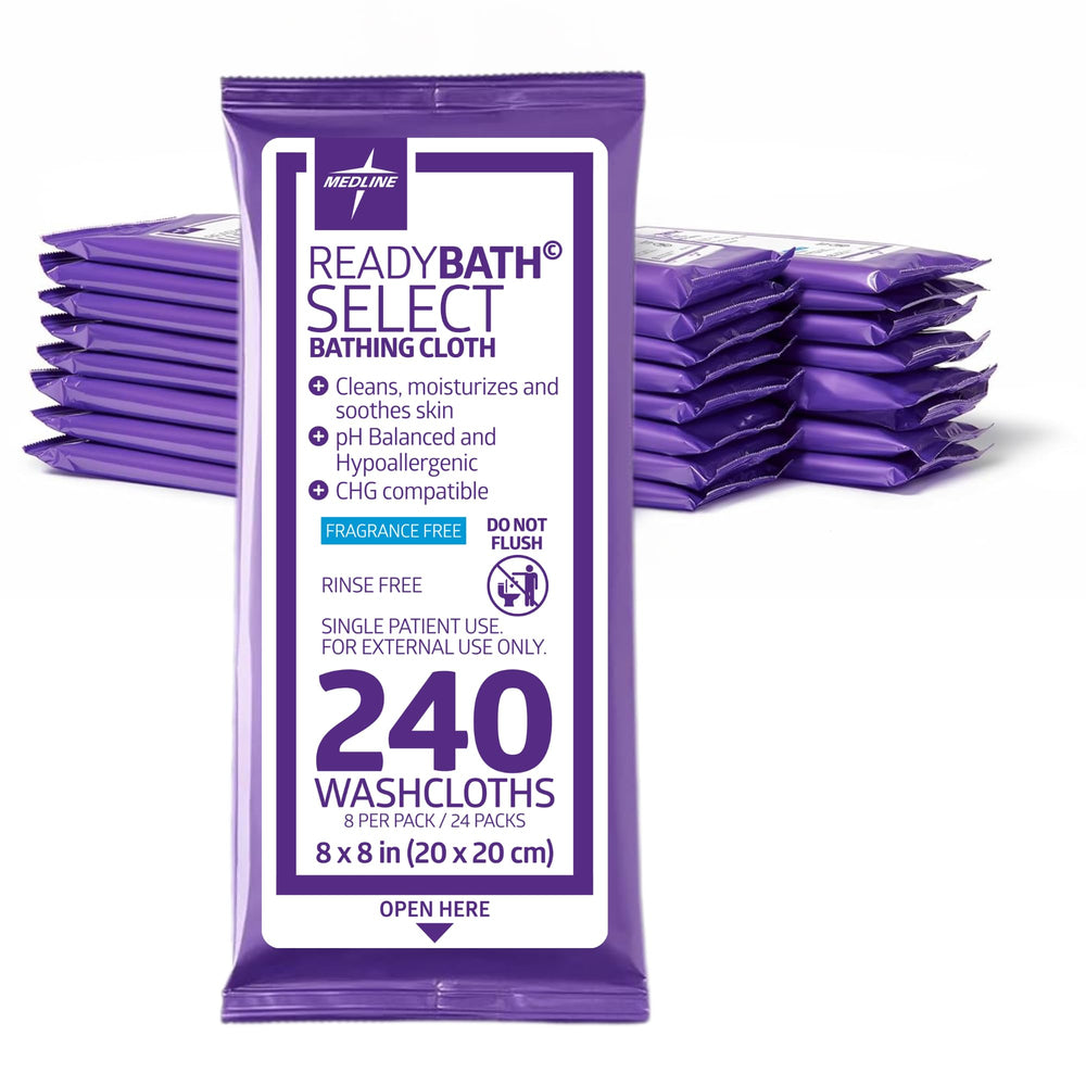 Medline front pack showing resealable wipes and benefits for quick showers