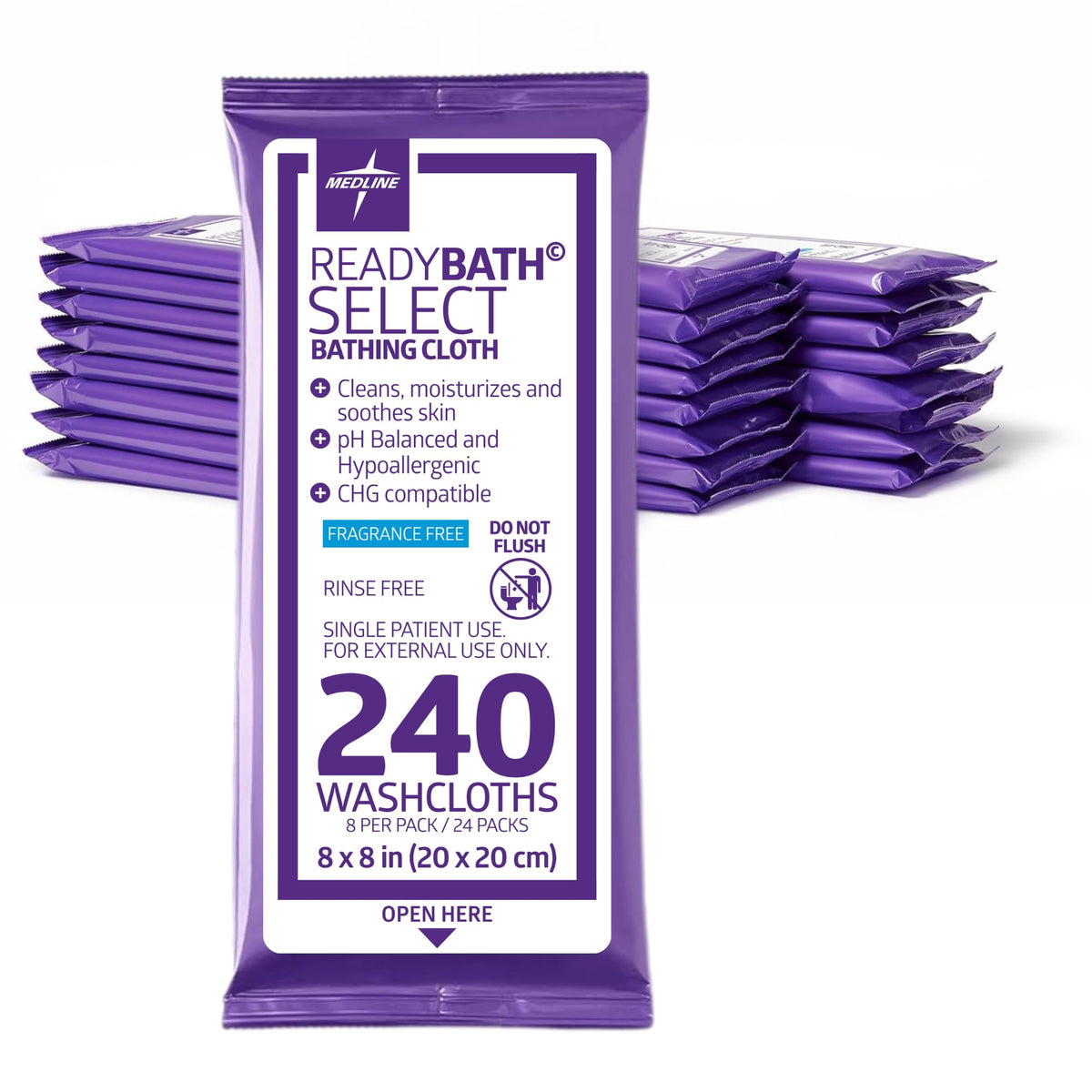 Medline front pack showing resealable wipes and benefits for quick showers