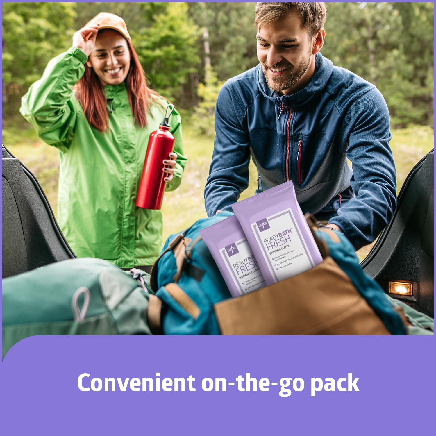 Medline ReadyBath individual packet inside a travel bag illustrating on-the-go freshness