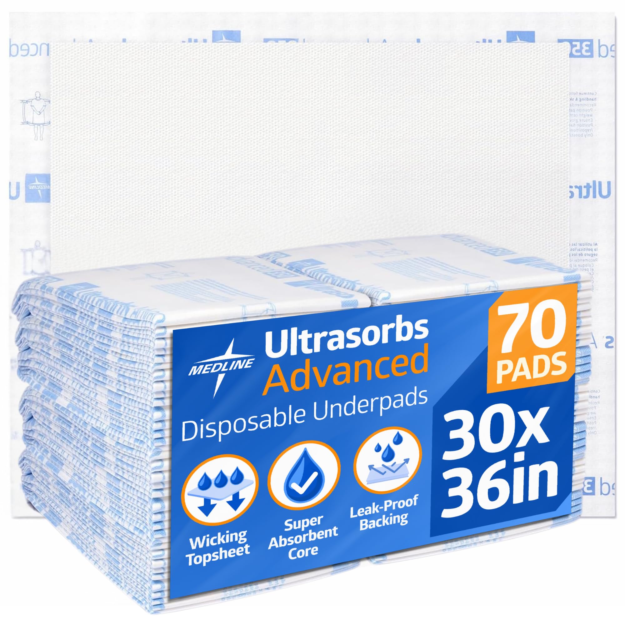 Medline packaging front showing 70-count pads and product benefits