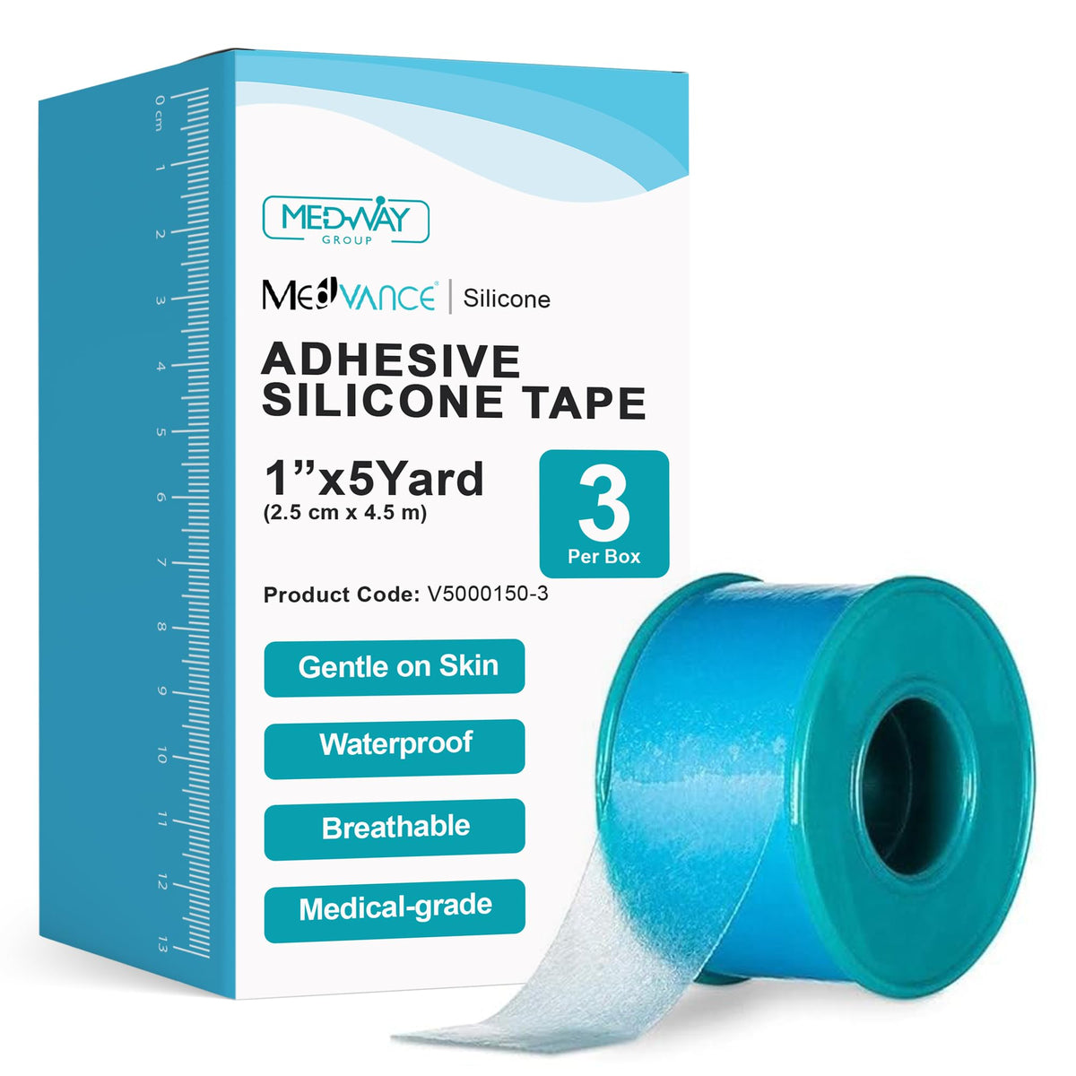 MedVance front packaging showing 3-pack scar sheets with clear labeling and gentle protection