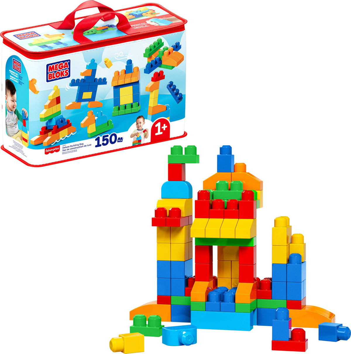 MEGA BLOKS front view of Deluxe Building Bag showing red bag and blocks, promotes tidy storage